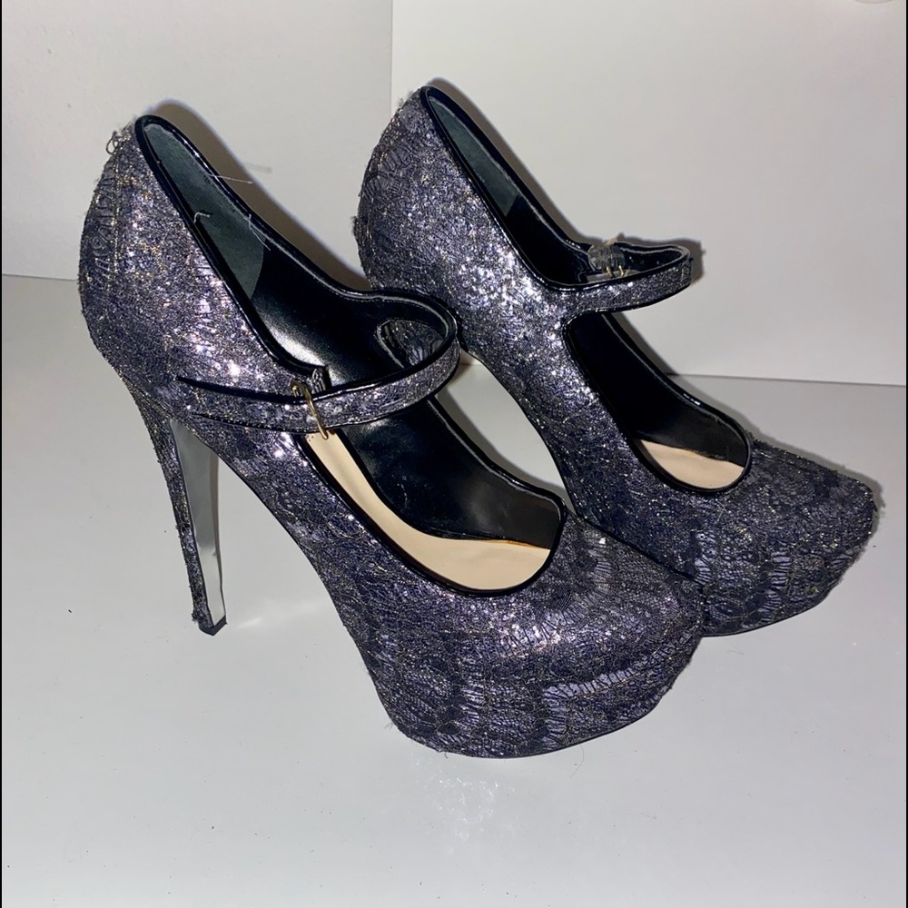 H by Halston Black and Grey Glitz Platform